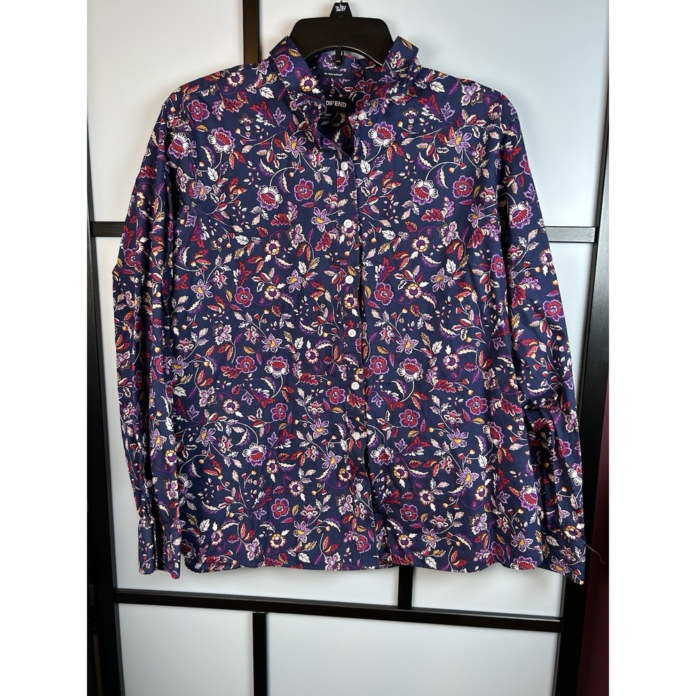 Lands End Womens 18P No Iron Button Front Shirt Navy Blue Floral Cotton Blouse